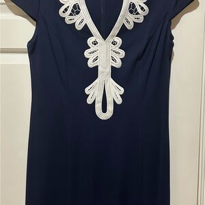 Eliza J Navy Midi Dress with White Embroidered Placket